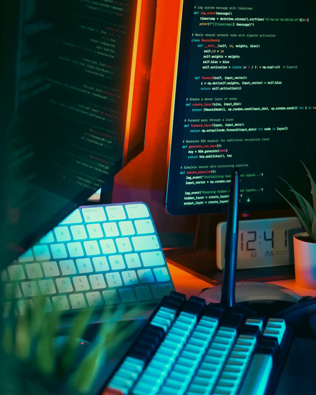 Schreibtisch mit zwei Monitoren voller Programmcode und beleuchteter Tastatur